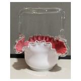 Pink / White Art Glass Ruffled Basket