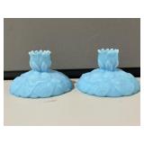 Pair of Fenton Blue Satin Candleholders
