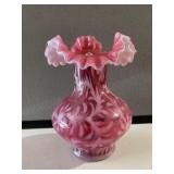 Fenton Cranberry Fern & Daisy Vase