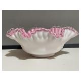 Fenton Pink / White Ruffled Bowl