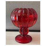 Red Beaded Panel Art Glass Rose Bowl
