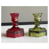 2 Fostoria Green Coin Spot Candleholders