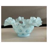 Blue Fenton Ruffled Coin Spot Bowl