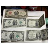 Two $1 Silver Certificates & Three $2 Bills