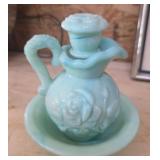 Vintage Green Milk Glass Pitcher & Bowl Set