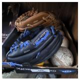 Baseball Gloves & Box of Baseball / Softballs