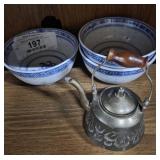 Mini Brass Teapot & Blue Bowls