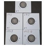 Five Barber Quarters