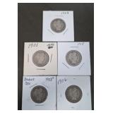 Five Barber Quarters