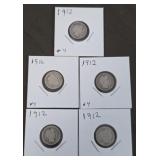 Five 1912 Barber Dimes