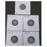 Five 1913 Barber Dimes