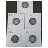 Five 1912 Barber Dimes