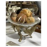 Brass & Crystal Bowl & Wooden Fruit