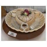 Pottery Serving Set & Wooden Lazy Susan