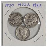 3 Early Date Mint Marked Mercury Silver Dimes