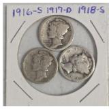 3 Earlier Mercury Silver Dimes