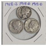 3 Early Date Mint Marked Mercury Dimes