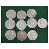 10- Silver Franklin Half Dollars