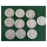 10- Silver Franklin Half Dollars