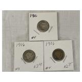 Three 1916 Barber Dimes