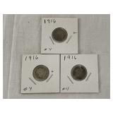 Three 1916 Barber Dimes