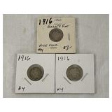 Three 1916 Barber Dimes