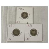 Three 1916 Barber Dimes