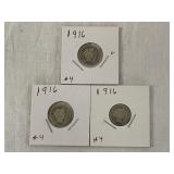 Three 1916 Barber Dimes