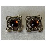 Large Vintage Ornate Amber Glass Earrings