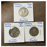 Three 1928 Standing Liberty Silver Quarters