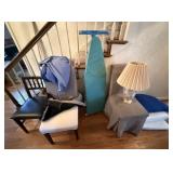3 Chairs, Table Lamp, Cushions & Iron Board & Rug