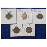 5 Lincoln Wheat Pennies