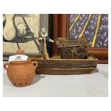 Wooden Boat Figurine & Pot with Lid