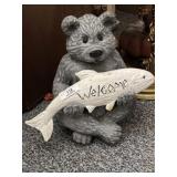 Carved Bear with Fish Welcome Sign