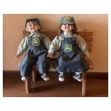 John Deere Boy & Girl Dolls on Bench