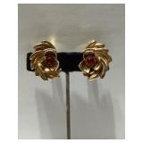 Vintage Clip-On Red Stone Flower Earrings