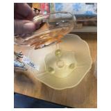 Vaseline Glass Footed Bowl & Pink Depression Bowl