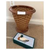 Wicker Trash Can & Needlepoint Duck Doorstop