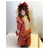 30" Bisque Head Doll Rust Silk Dress & Bonnet