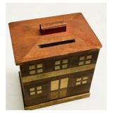Vintage First National Bank Wooden Coin Box