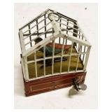 Vintage German Tin Wind-Up Bird in Cage Toy