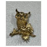 Vintage Owl Brooch with Green Crystal Eyes