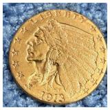 1913 Gold Indian Head $2.50 Coin