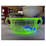 Double Handle Vaseline Glass Sugar Bowl
