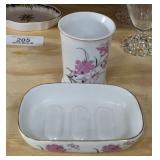 Hand Painted Gold Trim Soap Dish & Glass