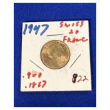 1947 Twenty Swiss Franc Gold Coin