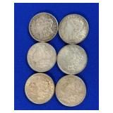 Six 1921 Morgan Silver Dollars