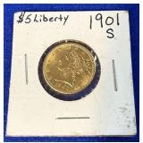 1901 S $5 Liberty Head Gold Coin