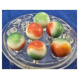 6 Vintage Tri-Color Glass Marbles