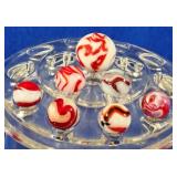 7 Vintage Red & White Swirl Marbles